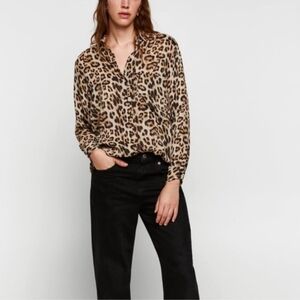 Zara Woman Leopard Print Tan Black Button Down Blouse Size Small